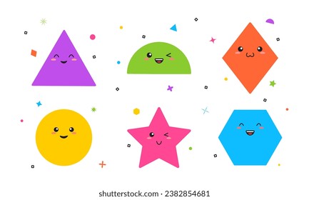 Cute math figure, geometric shape, cartoon face icon, school child game set, funny emoji. Education character vector illustration