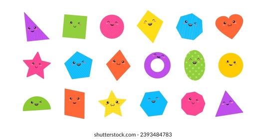 Cute math figure, geometric shape, colorful cartoon face icon, school child game set, funny emoji. Education character vector illustration isolated on white background
