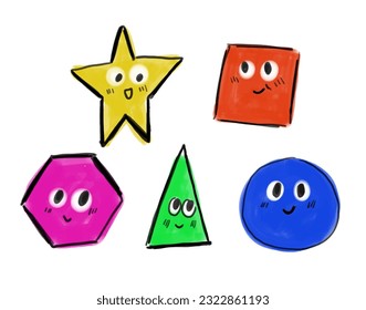 Cute math figures, geometric shapes characters with faces. Abstract triangle, square, circle, star and hexagon with different emotions, vector cartoon set isolated on white background