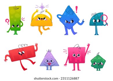 Cute math geometric figure shape cartoon vector character. Abstract basic geometry funny set. Rhombus, triangle, square and pentagon childish graphic doodle collection of emotions for object learning.