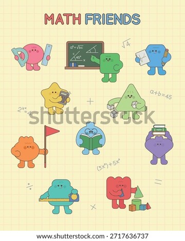 A cute math illustration with friendly geometric characters learning together.
Perfect for children’s education, math worksheets, classroom posters, textbooks, and playful learning designs.