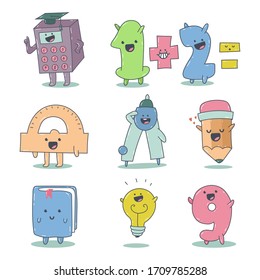 Cute math vector cartoon education characters set isolated on a white background.