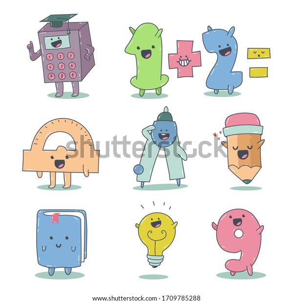 Cute math vector cartoon education characters\
set isolated on a white\
background.