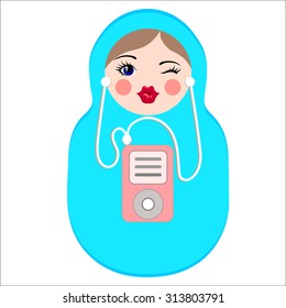 Cute matryoshka with mp3 player. Stylish russian doll, vector
