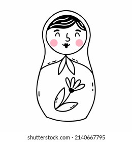 Cute matryoshka. Russian doll. Vector illustration in doodle style. Coloring book for child.