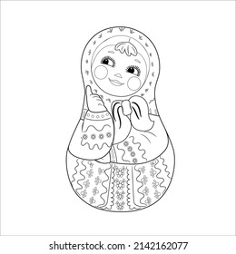 Cute Matryoshka. Russian Doll. Vector Illustration In Doodle Style. Coloring Book For Child.