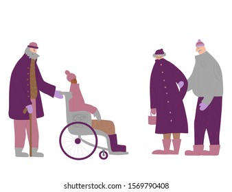 Cute mature characters dressed in warm clothes outdoor talking about lifestyle. Elderly male and female persons standing together isolated on white background. Vector illustration in doodle style.