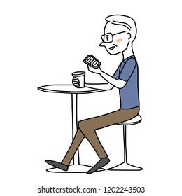 Cute mature man sitting at cafe and texting to someone. Man texting to someone while holding a disposable coffee cup in another hand. Elderly man reading message and smiling happily at a coffee shop.