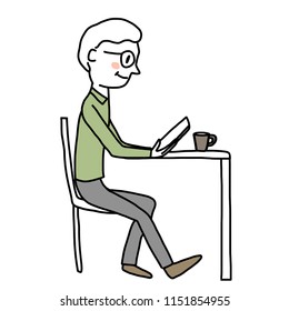 Cute mature man sitting at desk and use tablet for reading e-book, watching video or playing game.  Elderly man holding tablet in his hands and enjoy reading e-book happily. Hand-drawn style vector.