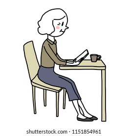 Cute mature woman sitting at desk and use tablet for reading e-book, watching video or playing game.  Elderly woman holding tablet in hands and enjoy reading e-book happily. Hand-drawn style vector.