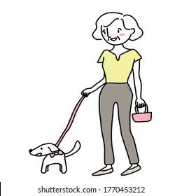 Cute mature woman walking dog. Happy woman walking with her little dog. Woman walking the small dog. Female dog walker doing her job. Happy owner with pet. Vector illustration with hand-drawn style.