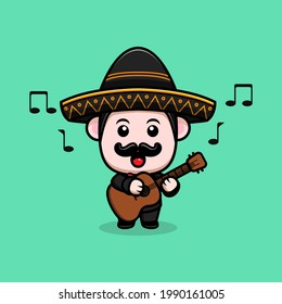 cute maxican mariachi playing guitar and singing cartoon mascot