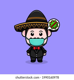 cute maxican mariachi wearing mask to prevention virus cartoon mascot