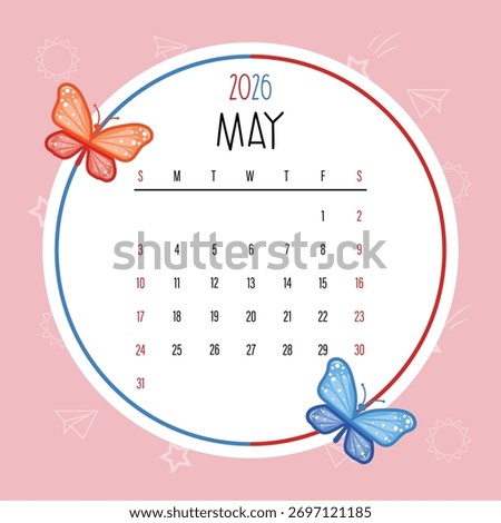Cute May  2026 Calendar Template with Butterflies for Kids