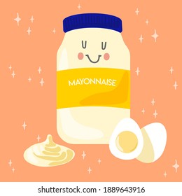 Cute Mayonnaise sauce bottle with egg. Vector kawaii Illustration. Food cartoon concept