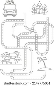 Cute maze for children. Car going to holiday. Kids learning games. Black and white, line art. Activity page.