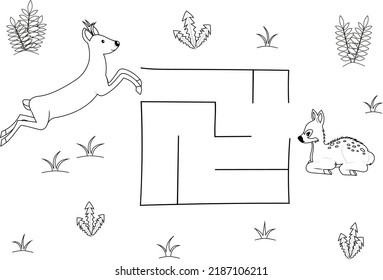 Cute maze for children. Help deer to find baby. Kids learning games. Black and white, line art. Activity page for the little ones.