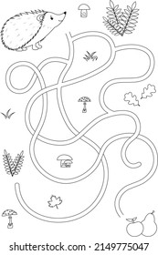 Cute maze for children. Help hedgehog find fruit. Kids learning games. Black and white, line art. Activity page.