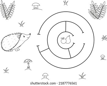 Cute maze for children. Help hedgehog to find fruit. Kids learning games. Black and white, line art. Activity page for the little ones.