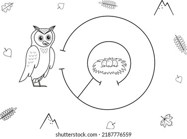 Cute maze for children. Help owl to find eggs. Kids learning games. Black and white, line art. Activity page for the little ones.