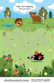 Cute maze game labyrinth vector illustration. Find the direction for hedgehog and acorn autumn illustration.