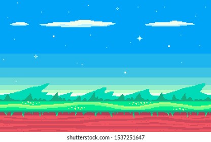 Cute meadow area with clouds, stars and mountains. Pixel art game location. Seamless vector background.