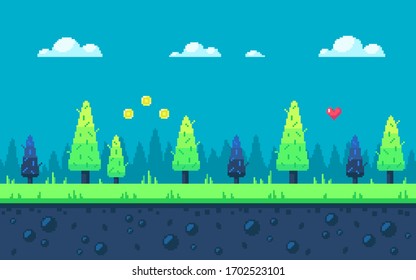 Cute meadow area with fir-trees and clouds. Pixel art game location. Seamless vector background.