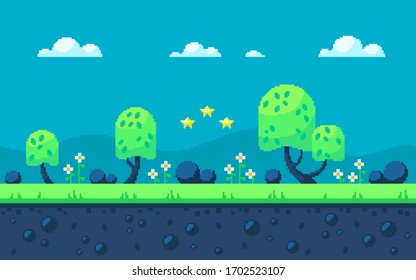 Zona de pradera con bosque y nubes. Ubicación del juego de arte Pixel. Fondo vectorial transparente.