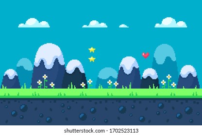 Cute meadow area with mountains and flowers. Pixel art game location. Seamless vector background.