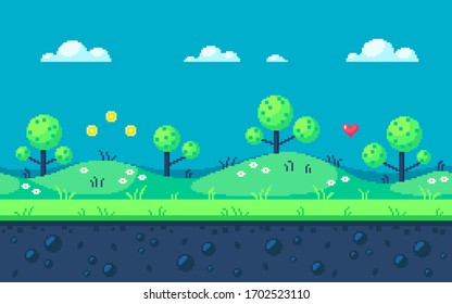 Cute meadow area with round trees and clouds. Pixel art game location. Seamless vector background.