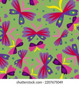 Cute meadow flowers background. Seamless floral pattern with simple chamomiles, cartoon style flowers. Trendy summer nature motif.