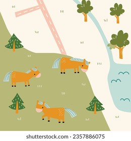 Cute meadow map with horses for kids room. Hand drawn vector illustration. Nursery concept for bedding, poster.
