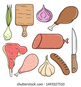 Cute Meat Collection With Doodle Style on White Background