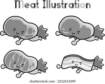 Cute meat hero character illustration set (black and white)