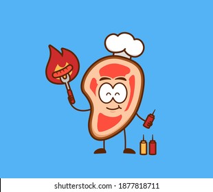 Cute meat people grill sausage meat barbeque bbq party vector character mascot cartoon illustration