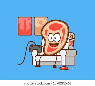 Cute meat people playing video games on couch sofa while enjoying snack vector character cartoon mascot doing hobby concept illustration