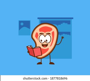 Cute meat people study reading book in library vector cartoon mascot illustration