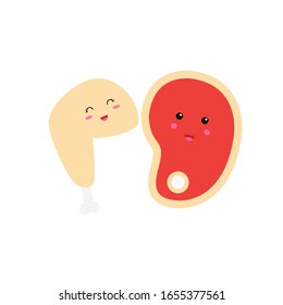 cute meat and raw chicken character in kawaii style 