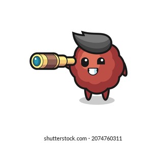 cute meatball character is holding an old telescope , cute style design for t shirt, sticker, logo element