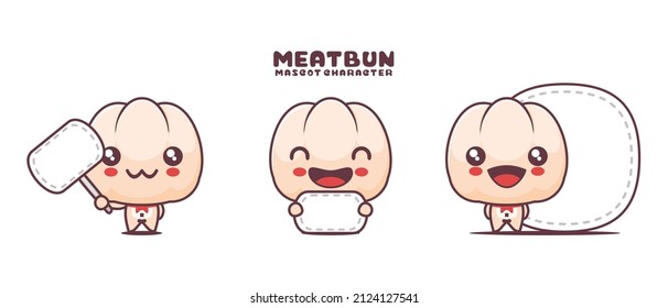 lindo vector de dibujos animados de Meatbun, con banner de tablero en blanco, aislado en un fondo blanco.
