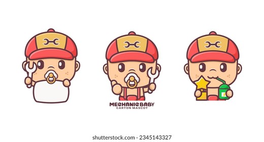 cute mechanic baby cartoon mascot. vector illustrations with outline style.