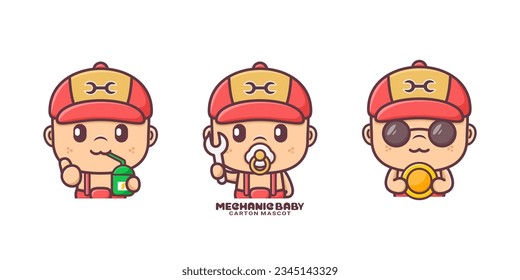 cute mechanic baby cartoon mascot. vector illustrations with outline style.