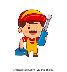 cute mechanic boy cartoon character vector illustration