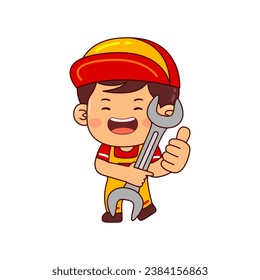 cute mechanic boy cartoon character vector illustration