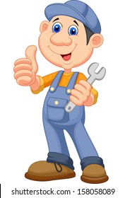 Cute mechanic cartoon holding wrench and giving thumbs up