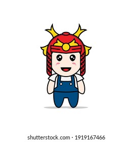 Cute mechanic character design wearing samurai helmet costume. Mascot design concept