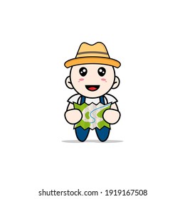 Cute mechanic character holding map. Mascot design concept