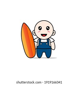 Cute mechanic character holding a surf board. Mascot design concept