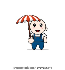 Cute mechanic character holding a umbrella. Mascot design concept