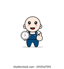 Cute mechanic character holding a wall clock. Mascot design concept